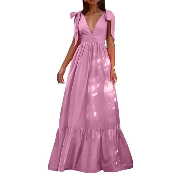 Womens Dresses 2024 Summer Solided Off Shoulder Sexy Open Back Bow Strap Swing Dress