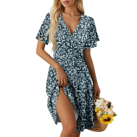 Womens Dresses, 2025 Summer Elegant Short Sleeveless Floral Dress Deep V Neck Casual Beach Maxi Dress For Wedding Guest Easter Cocktail Party Boho Style Vacation Dress Gothic (M, Navy) ZMTing