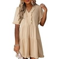 thumbnail image 1 of Womens Dresses 2025 Summer Spring V Neck Short Sleeve Casual A Line Flowy Swing Shift Dress Mini Dress Apricot XXL, 1 of 5