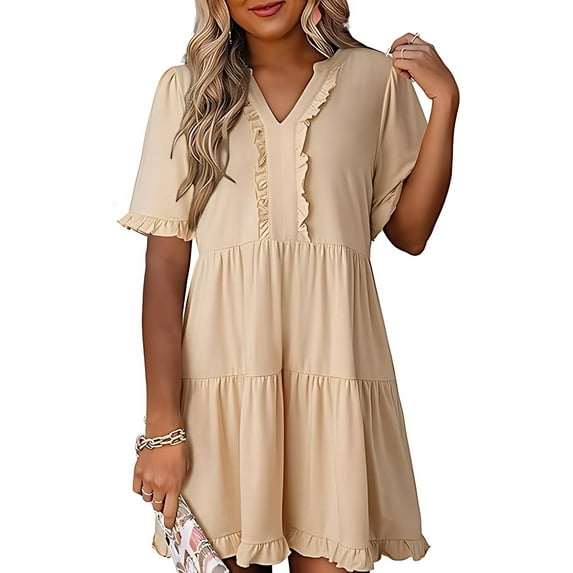 Womens Dresses 2025 Summer Spring V Neck Short Sleeve Casual A Line Flowy Swing Shift Dress Mini Dress Apricot XXL