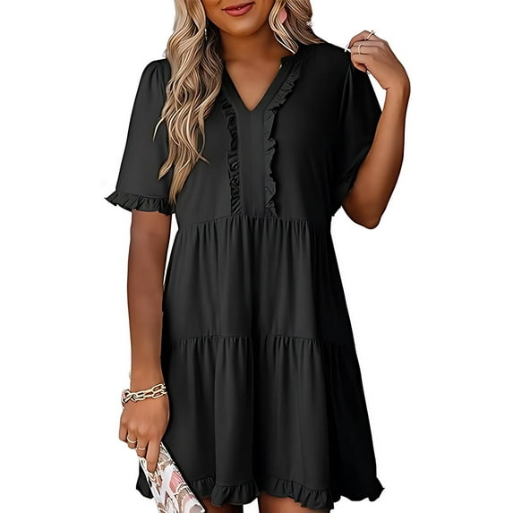 Womens Dresses 2025 Summer Spring V Neck Short Sleeve Casual A Line Flowy Swing Shift Dress Mini Dress Black M
