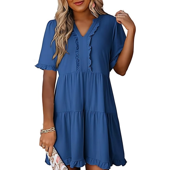 Womens Dresses 2025 Summer Spring V Neck Short Sleeve Casual A Line Flowy Swing Shift Dress Mini Dress Blue L