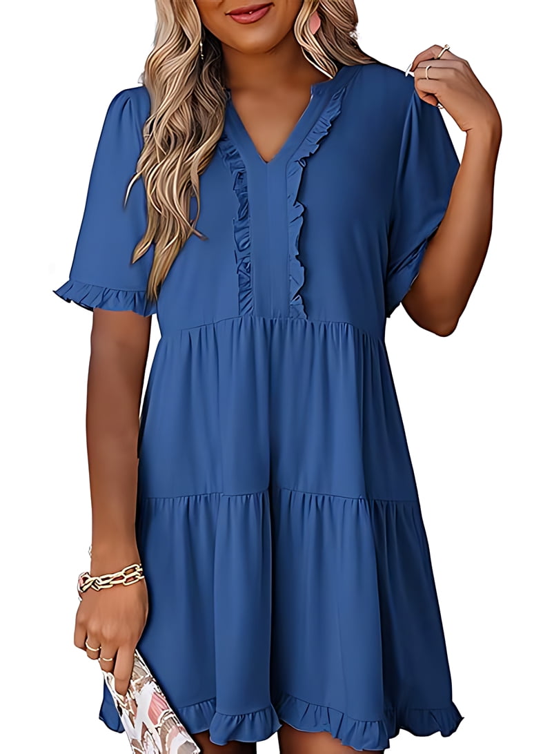 Womens Dresses 2025 Summer Spring V Neck Short Sleeve Casual A Line Flowy Swing Shift Dress Mini Dress Blue XL