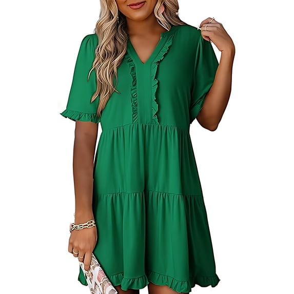 Womens Dresses 2025 Summer Spring V Neck Short Sleeve Casual A Line Flowy Swing Shift Dress Mini Dress Green M