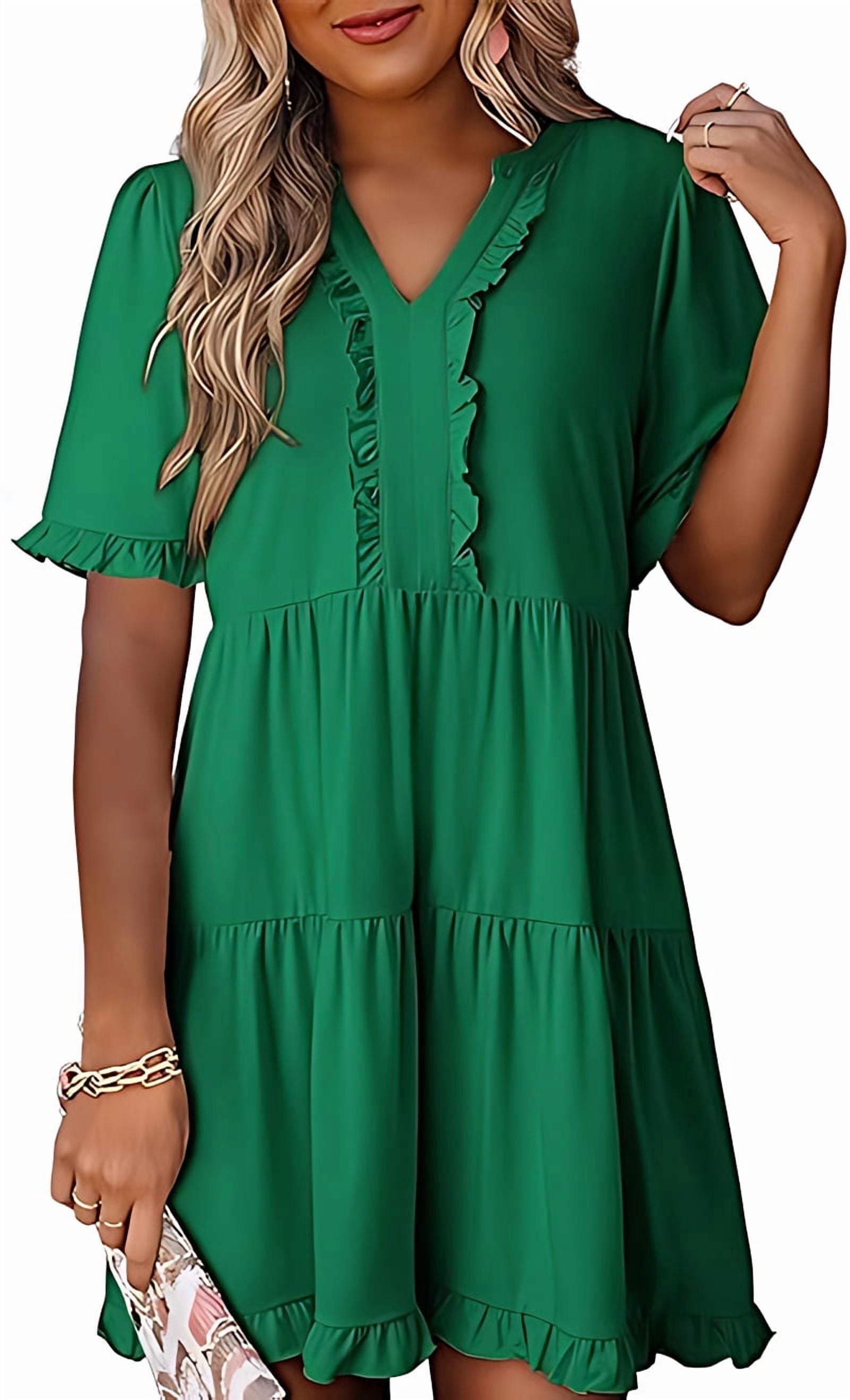 Womens Dresses 2025 Summer Spring V Neck Short Sleeve Casual A Line Flowy Swing Shift Dress Mini Dress Green XXL