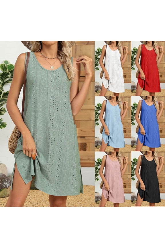 Womens Dresses 2026 Summer Spring Women Summer Solid-Color Court Lock Round-Neck Casual Cuffless Dress Blue M