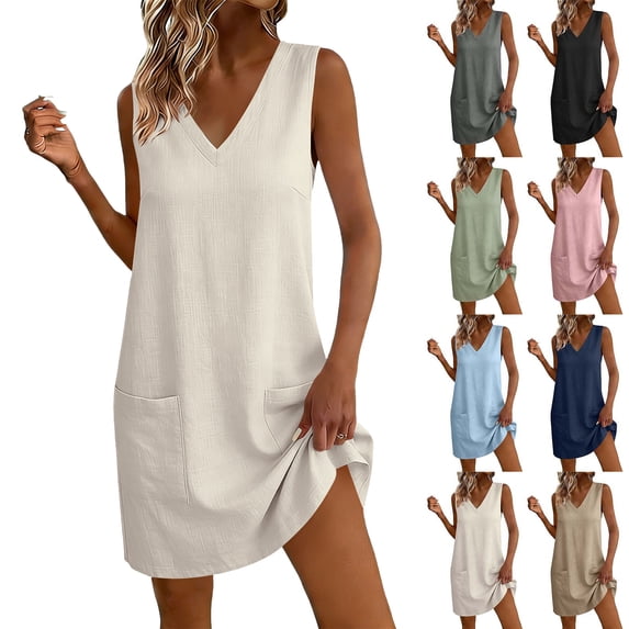 Womens Dresses 2026 Summer Spring Women's Decorative Button Linen Loose Pocket Short Sleeved Dress Beige S