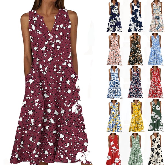 Womens Dresses 2026 Womens Summer Fashion Casual Beach Printing Camis Sleeveless V-Neck Dress Red XXXXXL