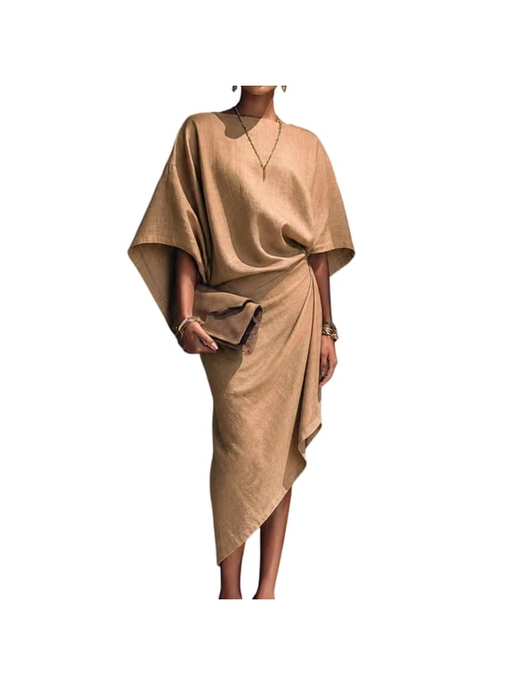 Womens Dresses Batwing Sleeve Crew Neck Irregular Split Hem Casual Dresses Solid Soft Fall Oversized Travel Midi Dresses Camel S