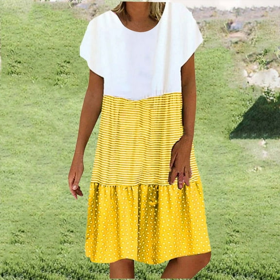 Womens Dresses Beach Boho Fashion Plus Size Flowy Ruffle Swing Tunic A Line Knee-Length Sundress Summer Striped Dot Patchwork Crewneck Short Sleeve Formal Midi Dress Yellow XXXXXL