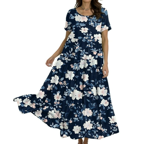 Womens Dresses, Casual Loose Fit Floral Short Sleeve Boho Dress For Easter Wedding Guest Summer 2025 Elegant Church Beach Party Maxi Dress Women Long Hawaiian Dresses Casual (XXL, Dark Blue) ZMTing