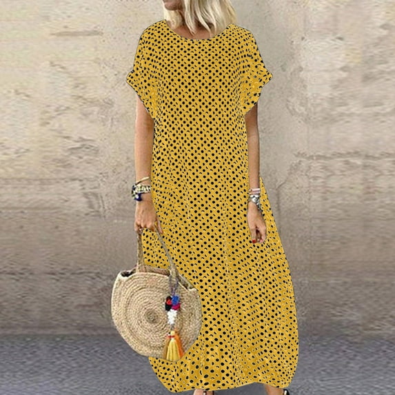 Womens Dresses Casual Plus Size Women Pockets O-Neck Polka Dot Printing Short Sleeve Long Dress