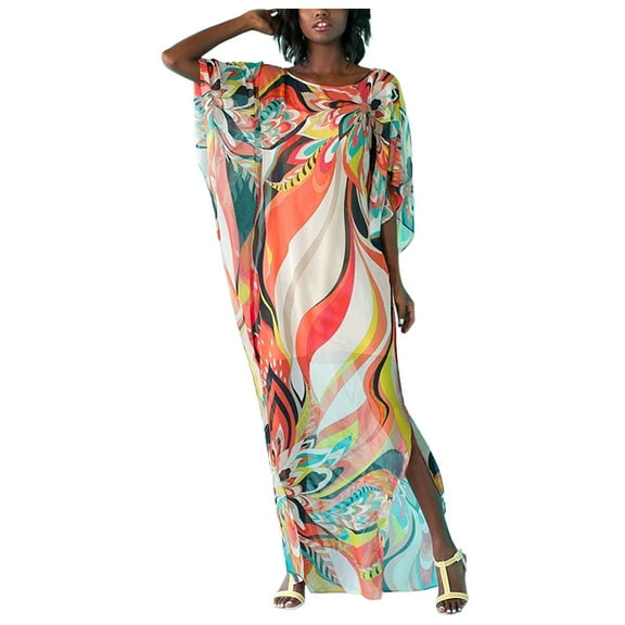Womens Dresses Casual Printed Swimwear Turkish Kaftans Swimsuit Cover Up Beach Long Dress