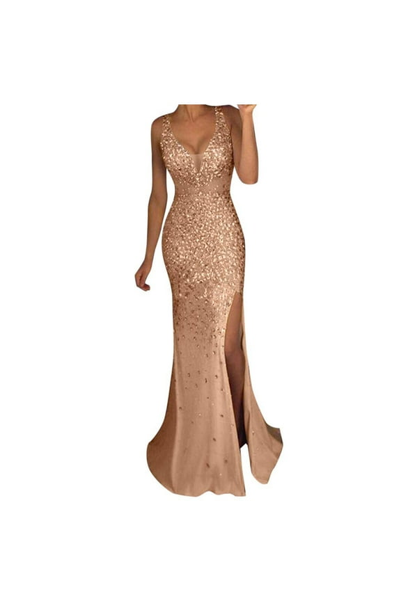 Dresses for Women Summer Sleeveless Sequin Prom Party Ball Gown Gold Evening Bridesmaid V Neck Long Dress