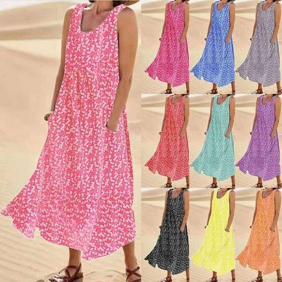 Womens Dresses Casual Sleeveless Round Neck Swing Fashion Flowy A Line Floral Dress with Pockets Grey Tank Loose Sundresses XL
