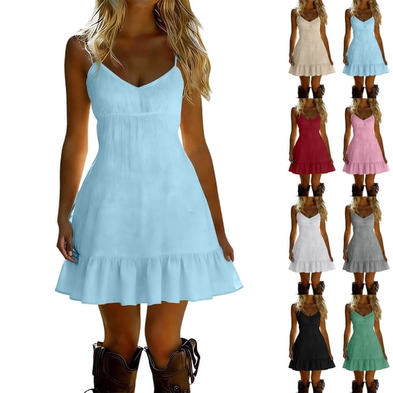 Womens Dresses Casual Sleeveless Travel Vacation Sundress Womens Solid Color Linen Dress With Ruffled Suspender Skirt Blue Xxl