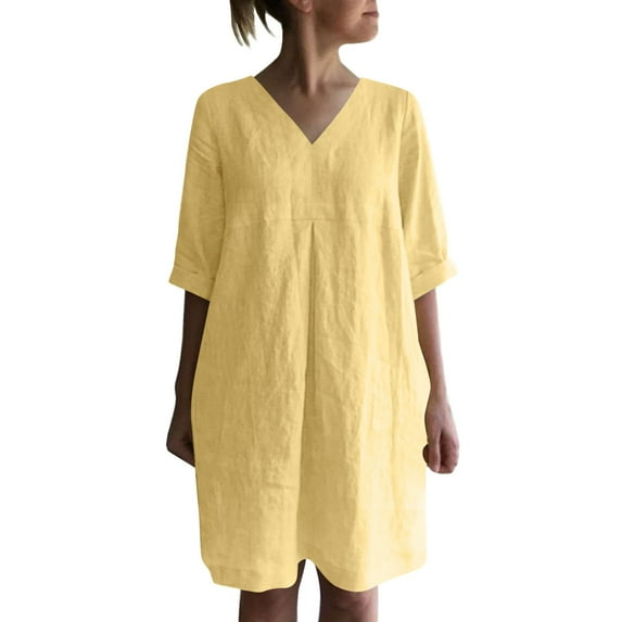 Womens Dresses Casual Summer Casual Fashion Solid Color Button V Neck Short Sleeve Shirt Dress