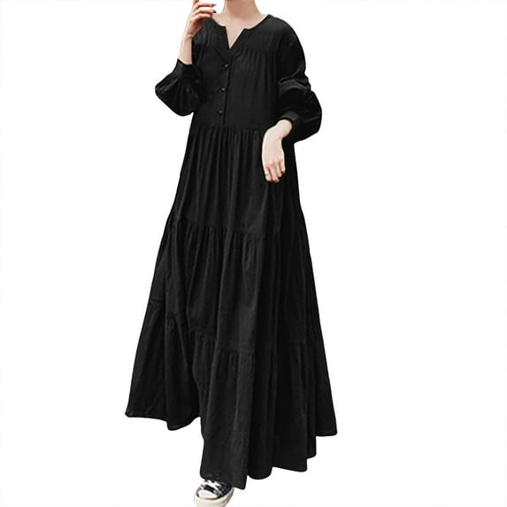 Womens Dresses Casual Summer Long Hem Autumn Long Sleeved V Neck Ruffled Skirt Loose Fitting Dress
