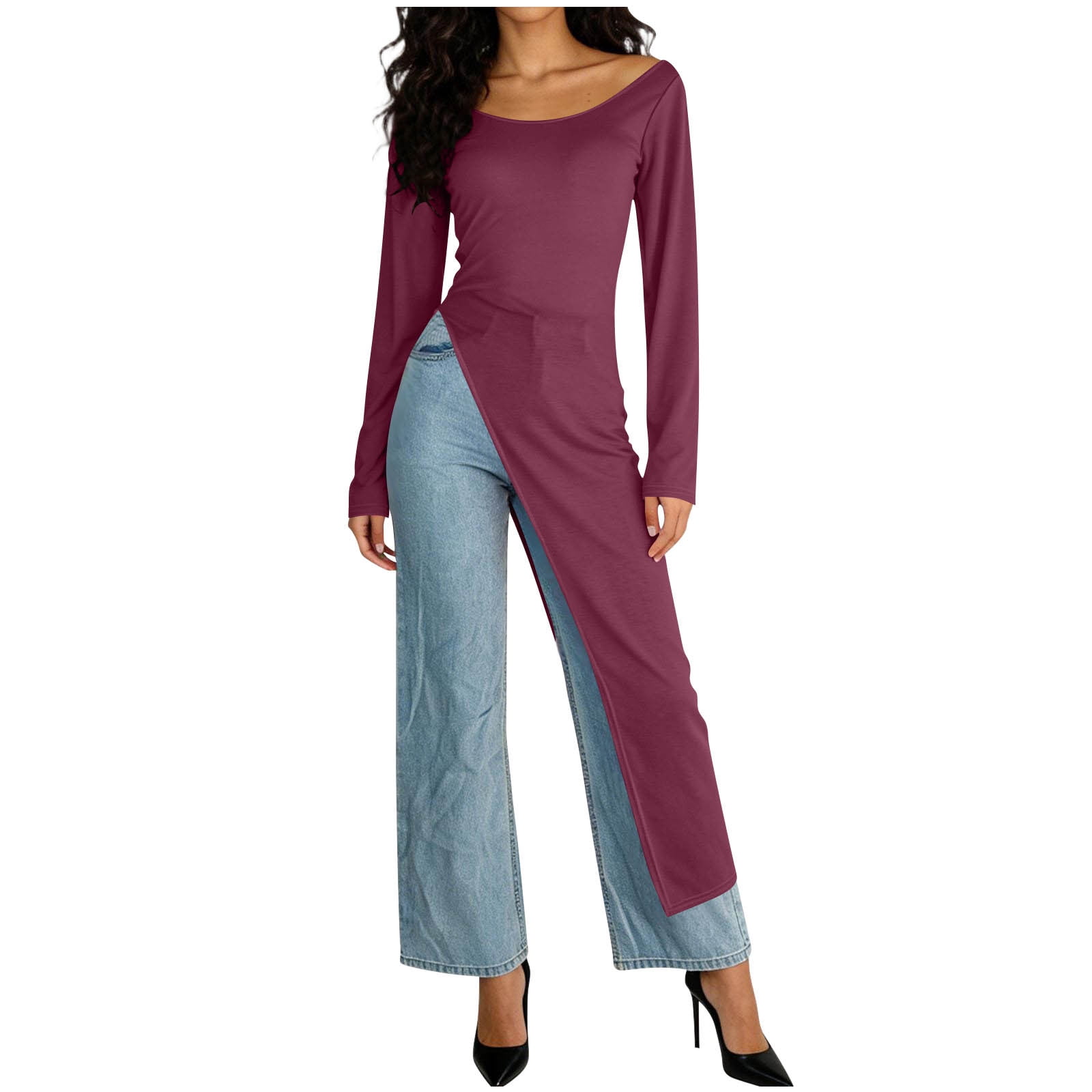 ZIFang Wrap Dress for Women Women's Crew Neck Split Hem Long Tops Asymmetrical Dress Long Sleeve Slim Fitting Long Tunic Shirt Purple L, Size: Large ZIFang Wrap Dress for Women Women's Crew Neck Split Hem Long Tops Asymmetrical Dress Long Sleeve Slim Fitting Long Tunic Shirt Purple L, Size: Large
