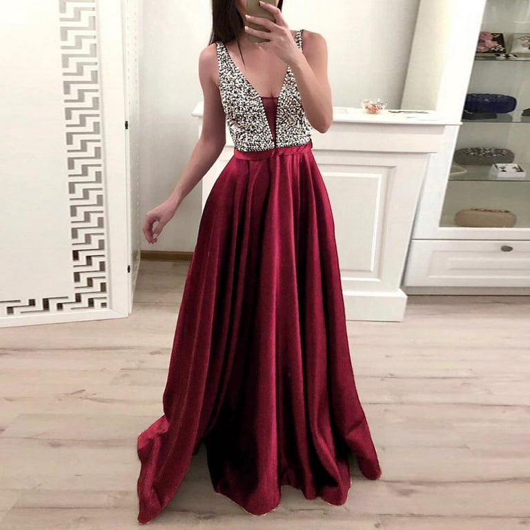 Womens Dresses Clearance Plus Size Womens Fashion V-Neck Evening Party Gown  Sequins Formal Prom Long Dress Wine Xl A3954
