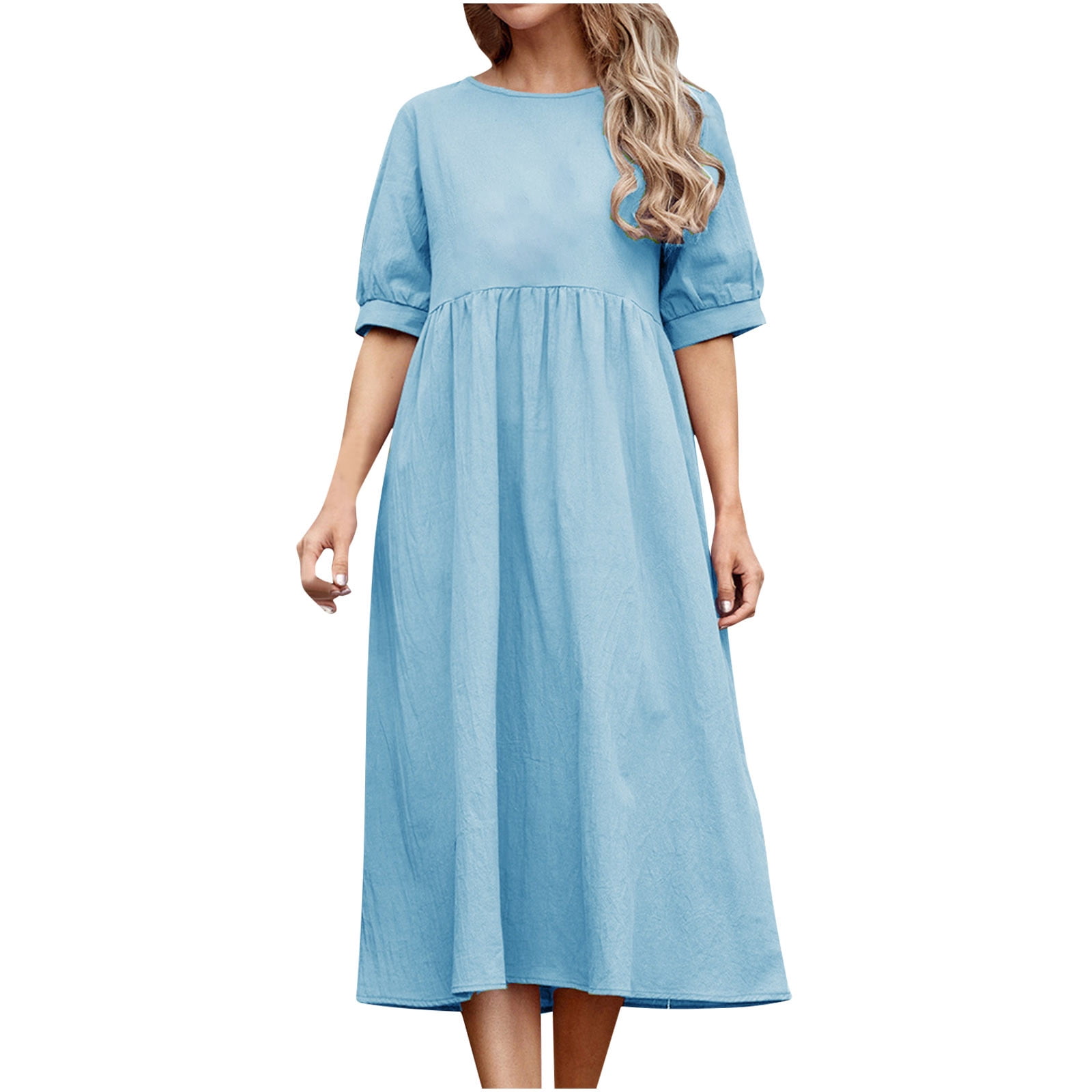Auroural Womens Dresses Clearance Women's Summer Fashion Round Neck Short  Sleeve Solid Color Loose Dress 