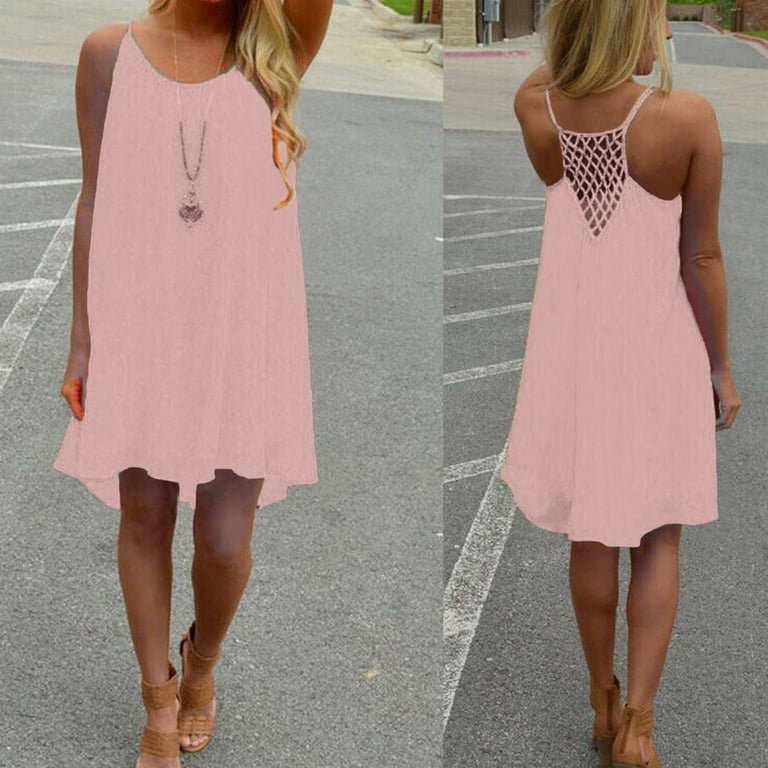 Womens Dresses Clearance under 20 Fashion Women Spaghetti Strap Back Howllow Out Summer Chiffon Beach Short Dress Pink L A20780
