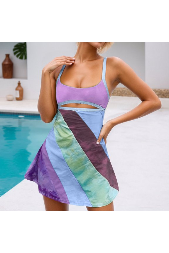 Womens Dresses Color Block Sleeveless Open Back Square Neck Spaghetti Summer Beach Mini Dress for Women Purple M