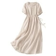 thumbnail image 1 of Huowey Womens Dresses Cotton Linen Short Sleeve High Waist Solid Color Cowl Neck Button Down Ruched Loose Fit Simple Breathable Fashionable Flowy Mid Length Dress Outfits Clothing, 1 of 3