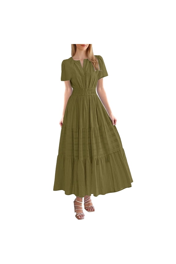Womens Dresses Cotton Linen Short Sleeve High Waist Solid Color V-Neck Smocked Ruched Loose Fit Tiered Simple Breathable Fashionable Flowy Mid Length Dress Beach Vacation Clothes