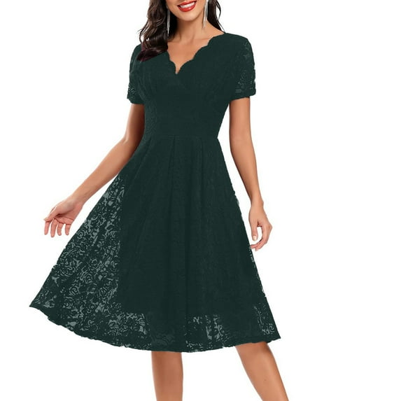 Womens Dresses, Elegant V Neck Sheer Floral Lace Swing Formal Dress Wedding Guest Summer Party Casual Daily Cotton Mid-Length Bohemian Short Sleeve 2025 Cocktail Dresses (S, Dark Green) ZMTing