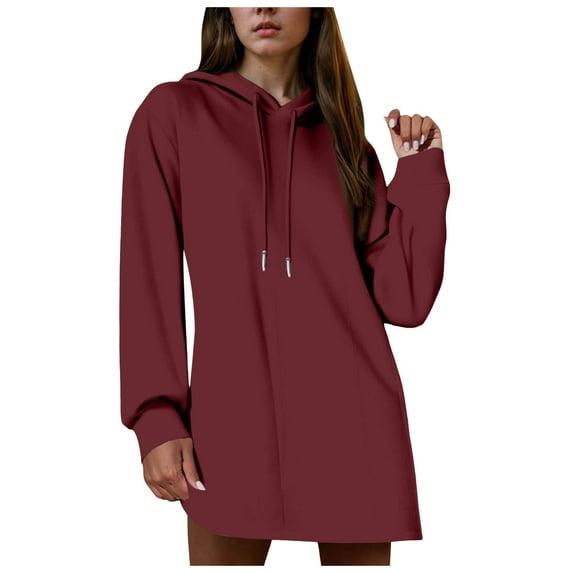 Womens Dresses Fall Winter Casual Long Sleeve Drawstring Pleated Hoodies Sweatshirt Pullover Tunic Mini Dress