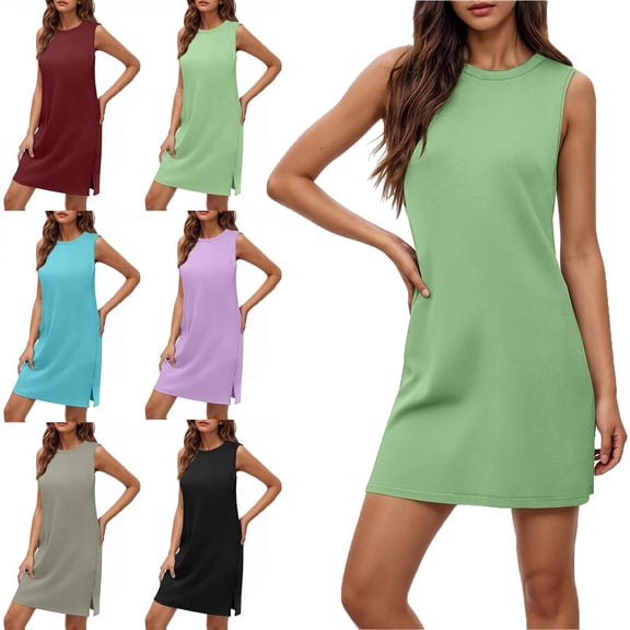 Womens Dresses Fashion Solid Color Sexy Round Neck Sleeveless Dresses Casual Comfortable All Occasion Summer Dresses for Women