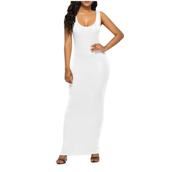 Womens Dresses Fashion Summer Casual Solid Round-Neck Sleeveless Ankle Dress Casual Dresses for Women