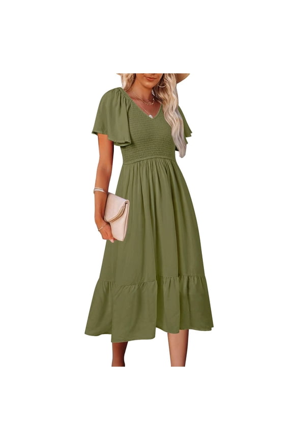 Womens Dresses Fashion Women Loose V-Neck Summer Solid Short Sleeve Dress clothes under $25.00