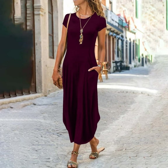 Womens Dresses Fashion Women Round-Neck Summer Solid Casual Short Sleeve Mid-Calf Dress clothes under $5.00