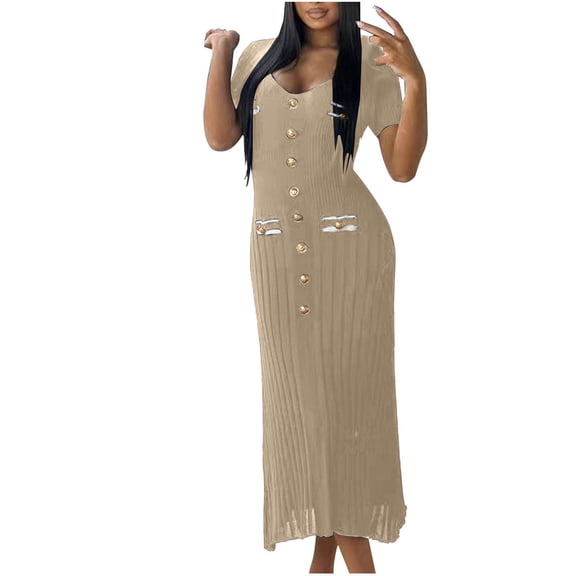Womens Dresses Fashion Women Solid Color Tight Fitting Short Sleeve-neck Wave Skirt Hem Up To Ankle Knitted Jumpsuit Long Skirt Boho Dress Khaki L