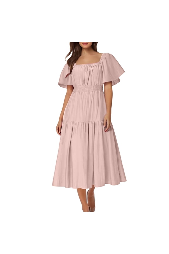 Womens Dresses Fashion Women Summer Casual Square Neck Short Sleeve Solid Dress Pink M