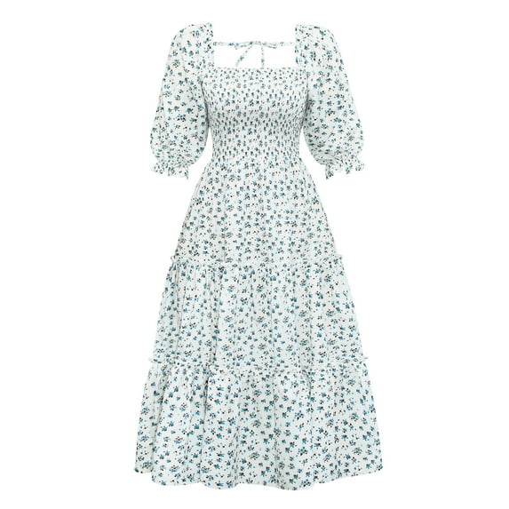 Womens Dresses Fashion new summer square neck open back strapping lantern mid-sleeve floral women's dress pleated skirt