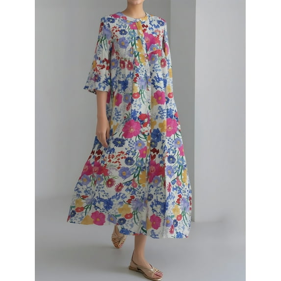 Womens Dresses Floral Print 3/4 Sleeve Crew Neck Button Front Dress Summer Casual Relaxed Fit A-Line Knee-Length Dress