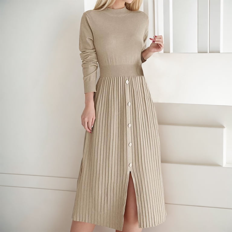 winter modest dress Womens Dresses Ladies Warm Fashion Tredy Comfy Solid Color Long Sleeved Round Neck Temperament French Slit A-Line Long Skirt Beige S-XL Color:WW Brown Yasmin How to Order 1 Black and White Winter