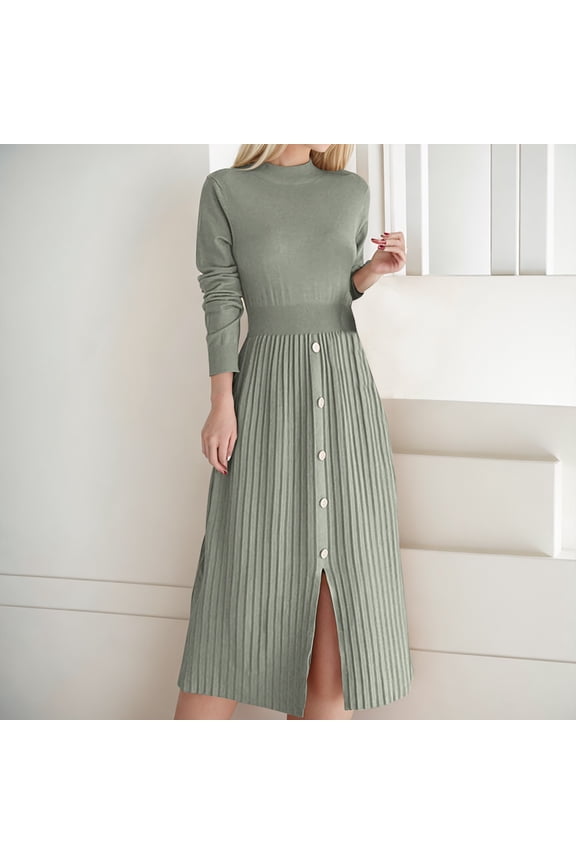 Womens Dresses Ladies Winter Warm Fashion Tredy Comfy Solid Color Long Sleeved Round Neck Temperament French Slit A-Line Modest Long Skirt Dress Green S-XL