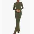 thumbnail image 1 of Womens Dresses Ladies Winter Warm Solid Color Elegant Fashion Style Temperament Long Sleeved Round Neck Modest Long Skirt Wrap Dress for Wedding Army Green XS-XL, 1 of 8