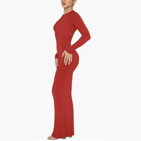 Womens Dresses Ladies Winter Warm Solid Color Elegant Fashion Style Temperament Long Sleeved Round Neck Modest Long Skirt Wrap Dress for Wedding Red XS-XL