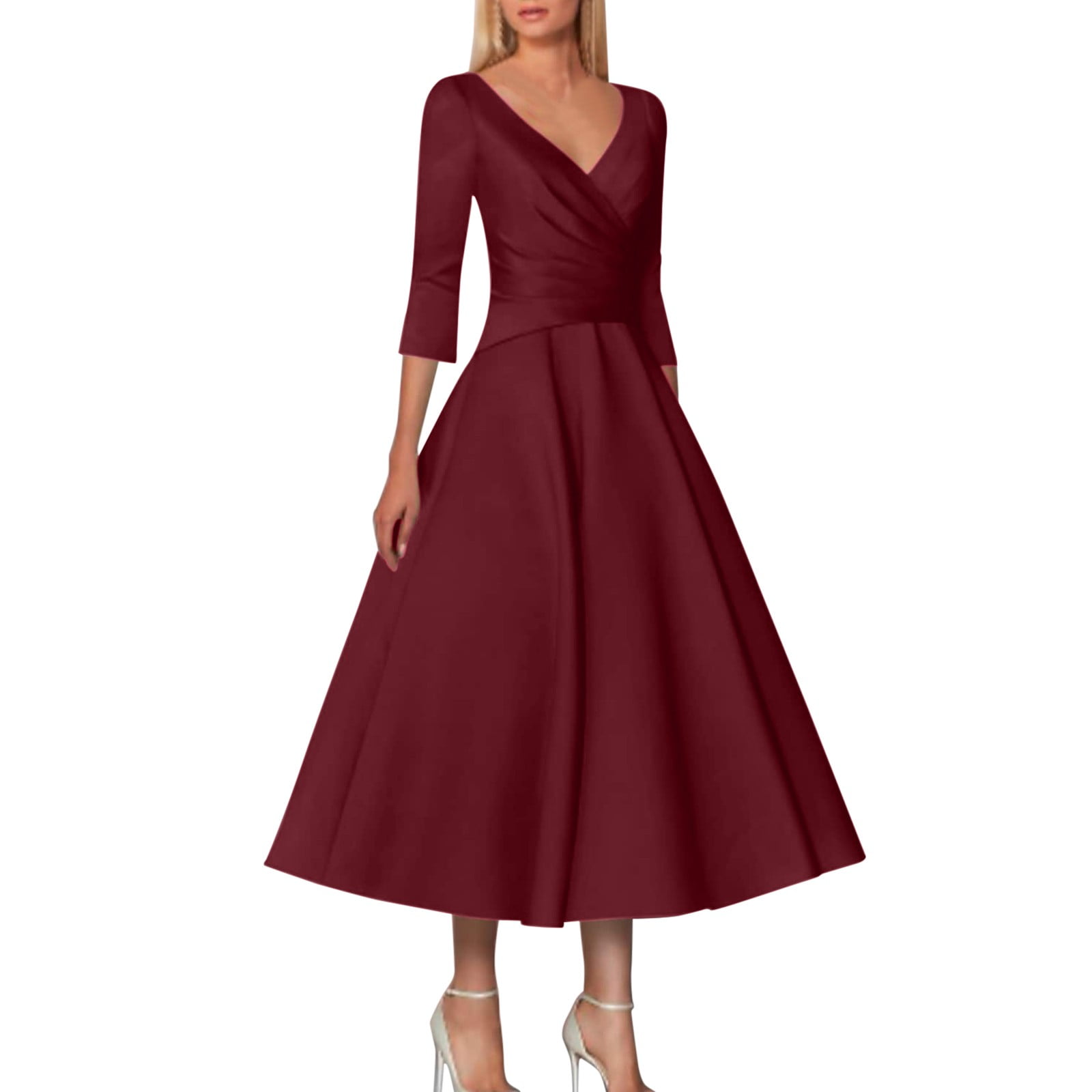 Womens Dresses A Line Mother Of The Bride Dress Wedding Guest Vintage Plus  Size Elegant V Neck Tea Length Satin 1/2 Length Sleeve With Pleats Summer  Dresses 2023 - Walmart.com