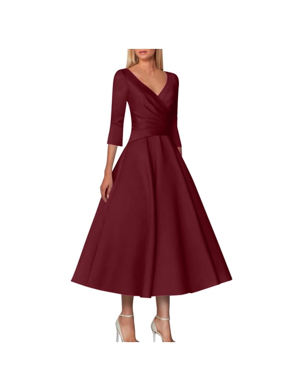 Womens Dresses A Line Mother Of The Bride Dress Wedding Guest Vintage Plus Size Elegant V Neck Tea Length Satin 1/2 Length Sleeve With Pleats Summer Dresses 2023