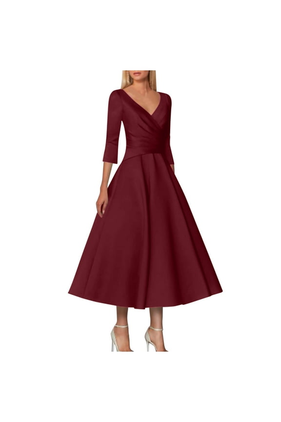Womens Dresses A Line Mother Of The Bride Dress Wedding Guest Vintage Plus Size Elegant V Neck Tea Length Satin 1/2 Length Sleeve With Pleats Summer Dresses 2023
