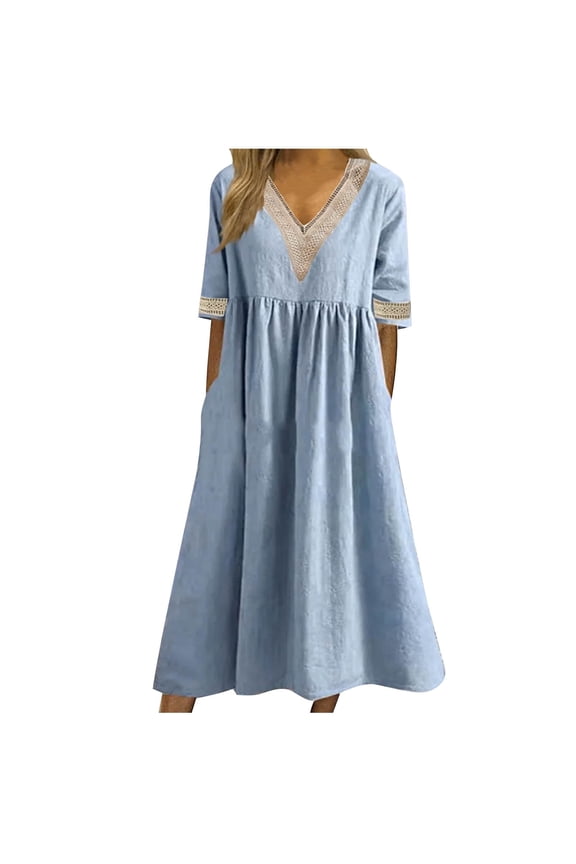 Womens Dresses Linen Summer Sleeveless Dresses V-Neck Button Baggy Solid Color Midi Dress Tiered Sun Dress 2023