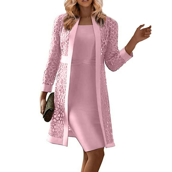 Womens Dresses Long Sleeve Knee-Length With Jacket Maxi Dress Pink 5XL