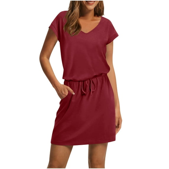 Womens Dresses Oversized Solid Color V-Neck Mid-Length Dress Quick Dry Slim Fit Short Sleeve Beach Dress