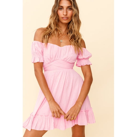 Womens Dresses Plain Ruffle Short Sleeve Dress Fashion Women's Square Neck Tie Rope Skirt